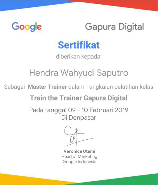 Sertifikat Master Trainer Google Gapura Digital